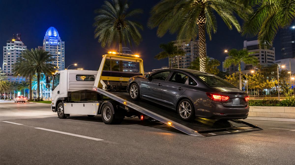 Flatbed tow truck loading a disabled car at night in West Palm Beach, Florida