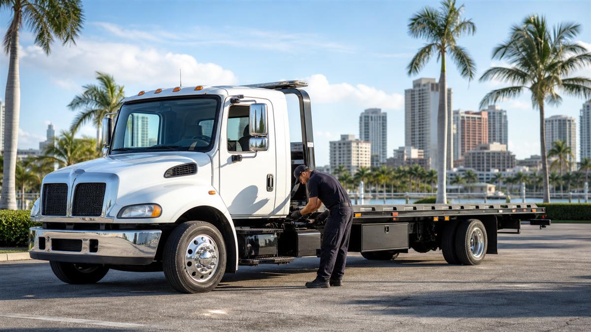Flatbed tow truck and towing professional in West Palm Beach, Florida