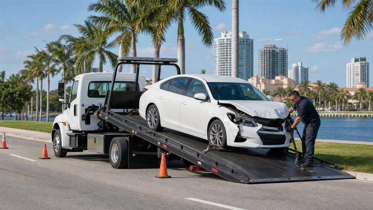 Flatbed tow truck loading an accident-damaged car in West Palm Beach, Florida