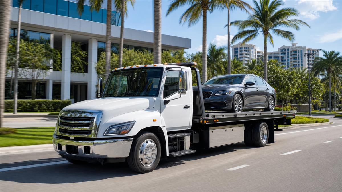 Flatbed tow truck transporting a car through a Boca Raton business district in Florida