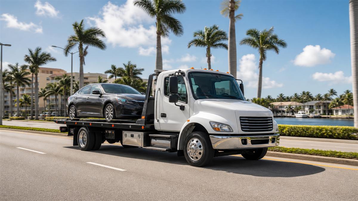 Flatbed tow truck transporting a car in Boynton Beach, Florida