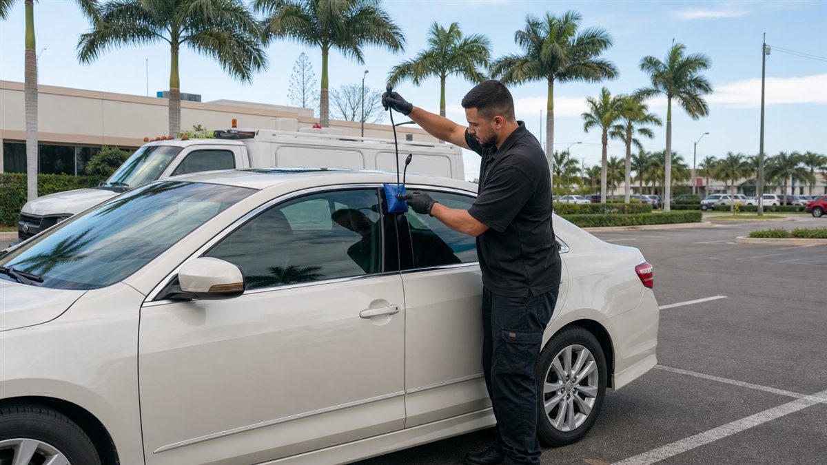 Roadside technician providing car lockout service in West Palm Beach, Florida