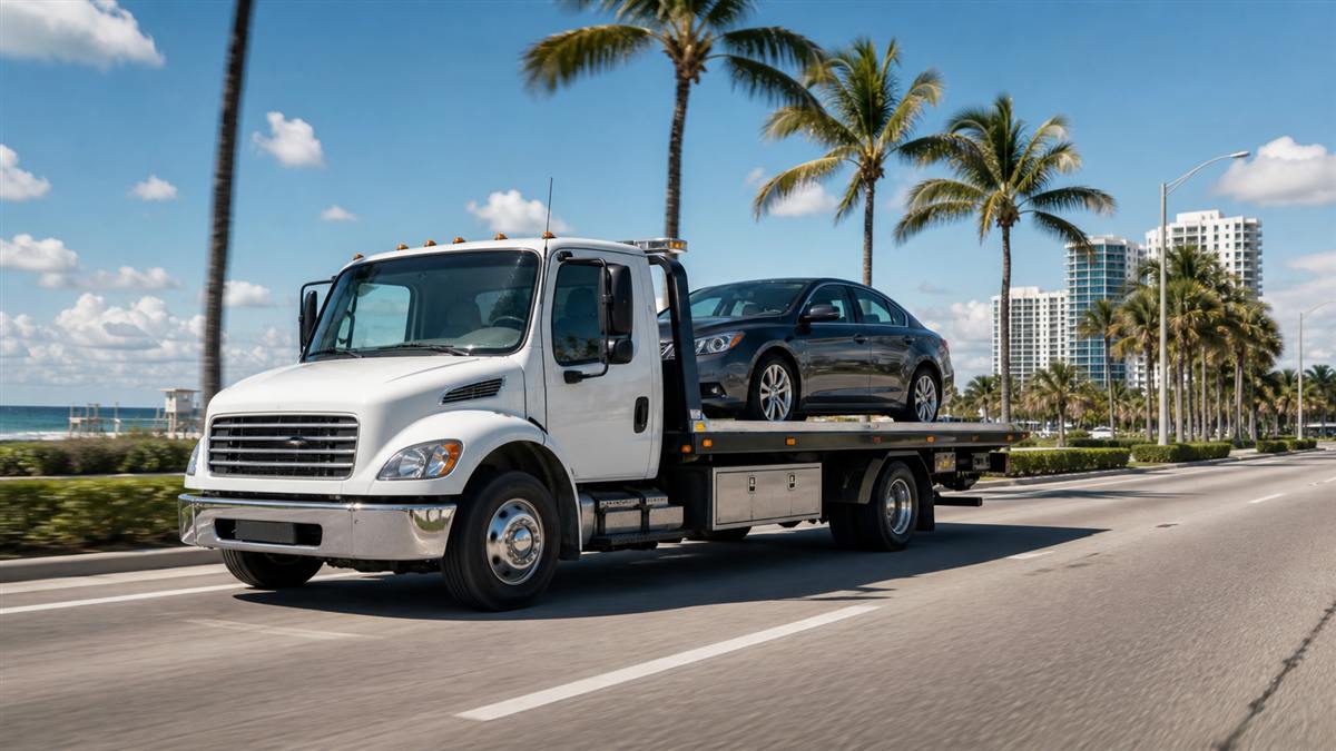 Flatbed tow truck transporting a car near Deerfield Beach, Florida