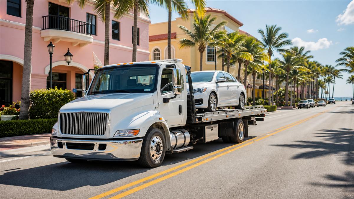 Flatbed tow truck transporting a car through a palm-lined Delray Beach street in Florida