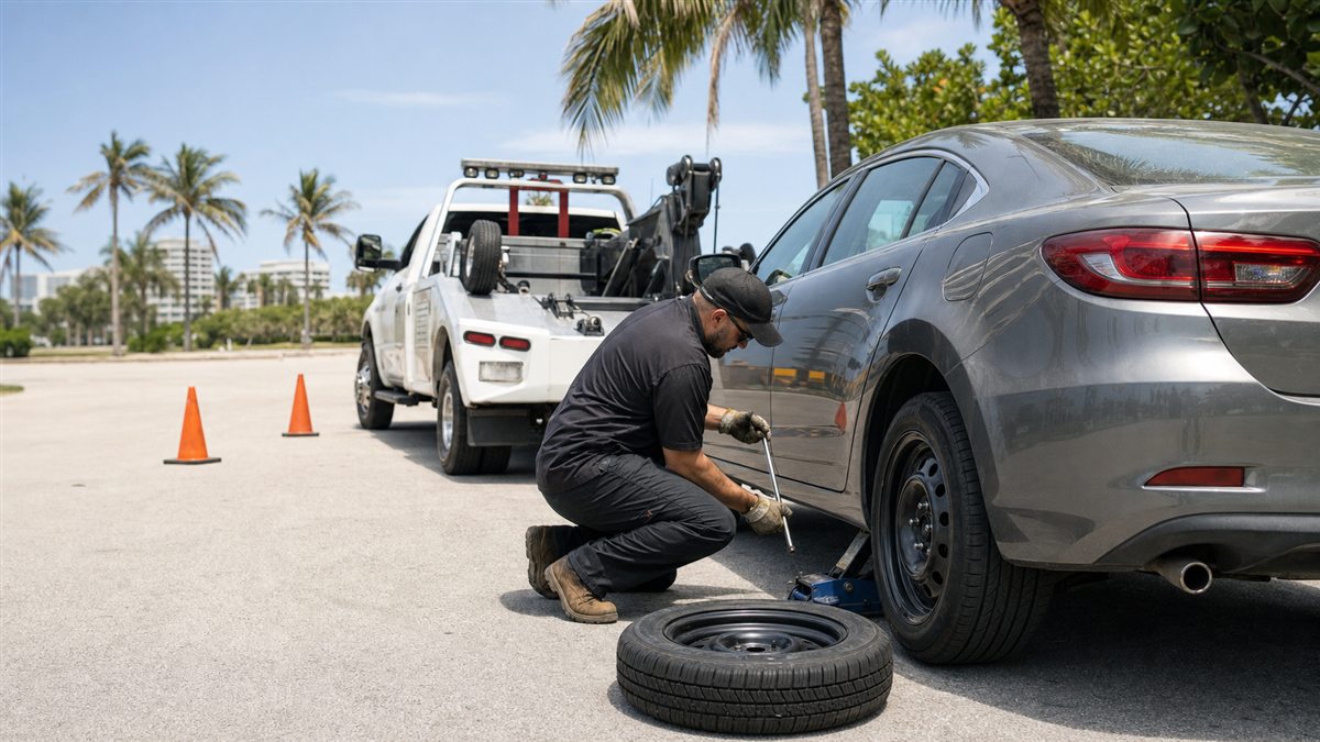 Roadside technician installing a spare tire in West Palm Beach, Florida