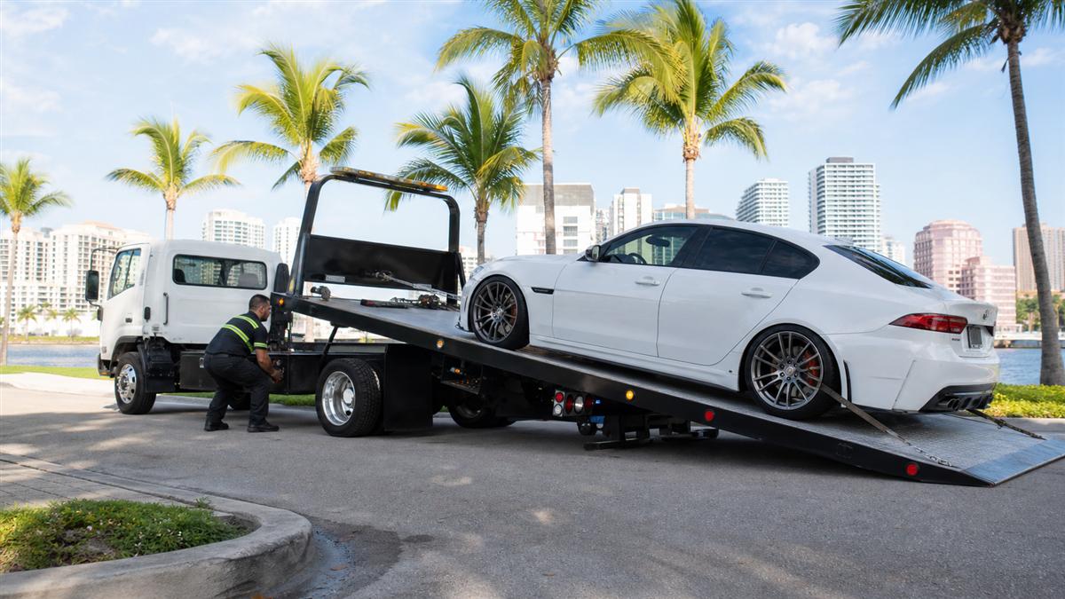 Flatbed tow truck carefully loading a low-clearance car in West Palm Beach, Florida