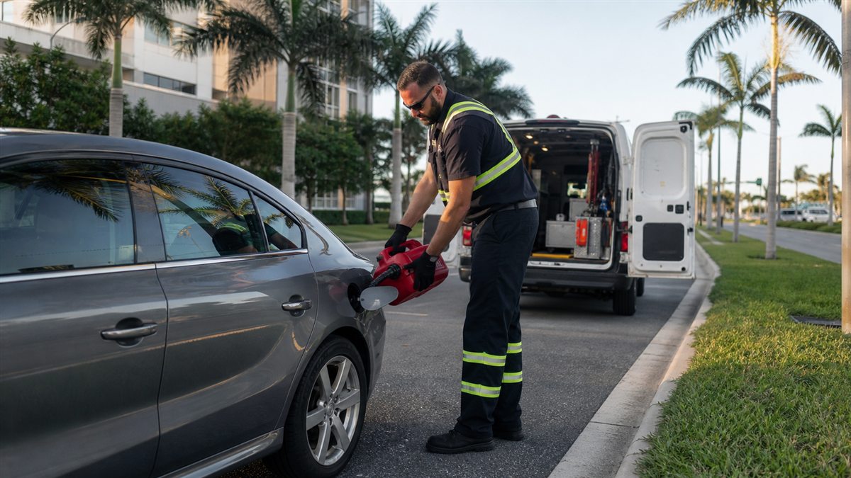 Roadside technician providing emergency fuel delivery in West Palm Beach, Florida
