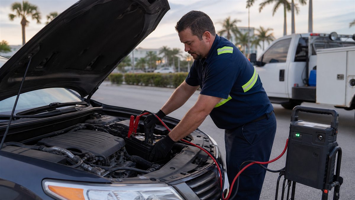 Roadside technician connecting a jump pack to a car battery in West Palm Beach, Florida