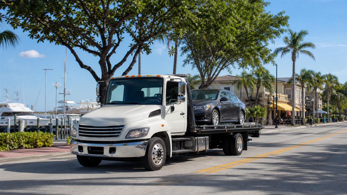Flatbed tow truck transporting a car near the Lake Park waterfront in Florida