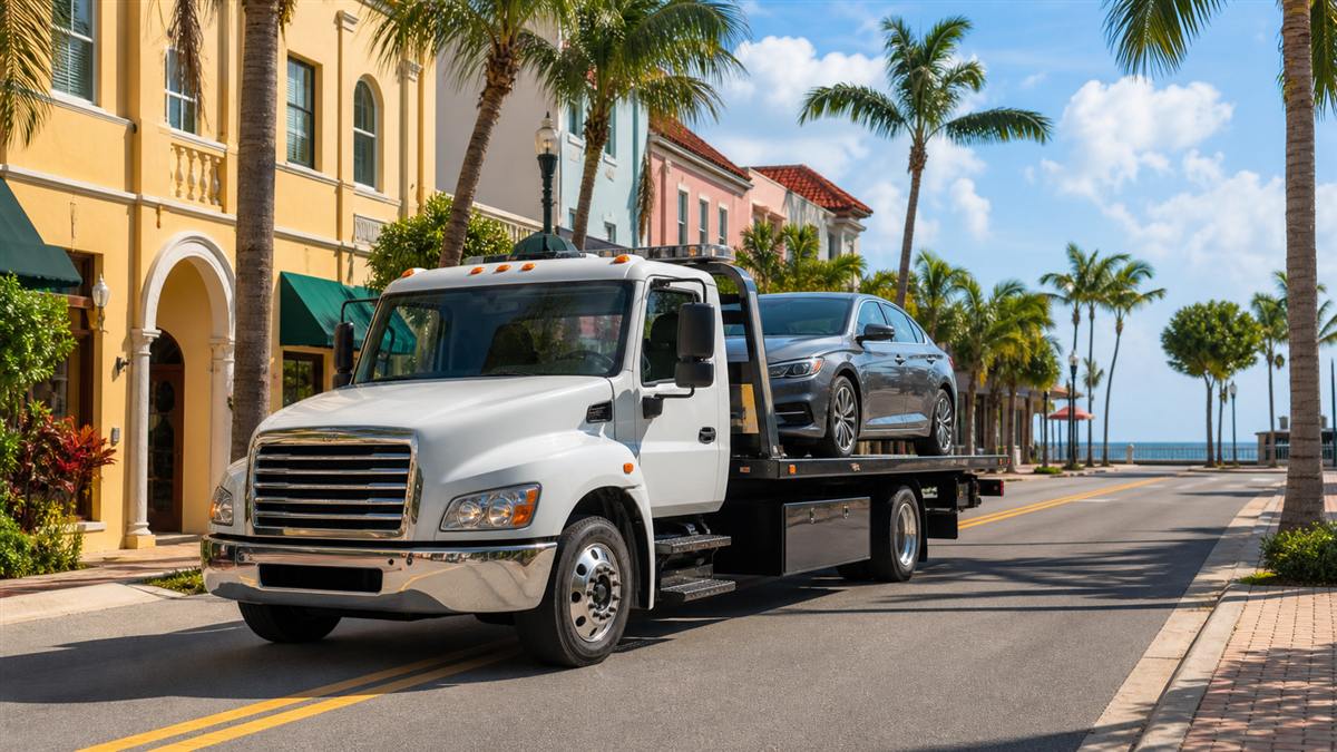 Flatbed tow truck transporting a car through Lake Worth Beach, Florida
