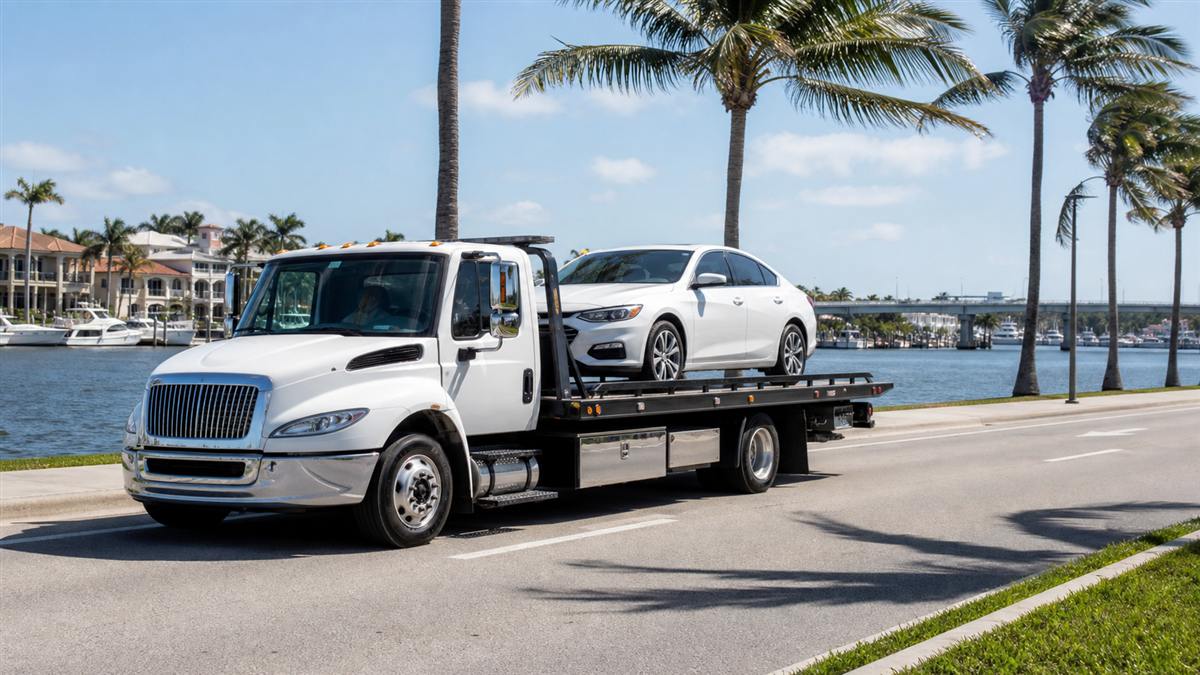 Flatbed tow truck transporting a car beside the waterfront in North Palm Beach, Florida