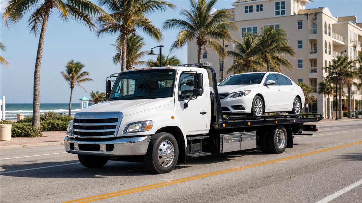 Flatbed tow truck transporting a car near the coast in Pompano Beach, Florida