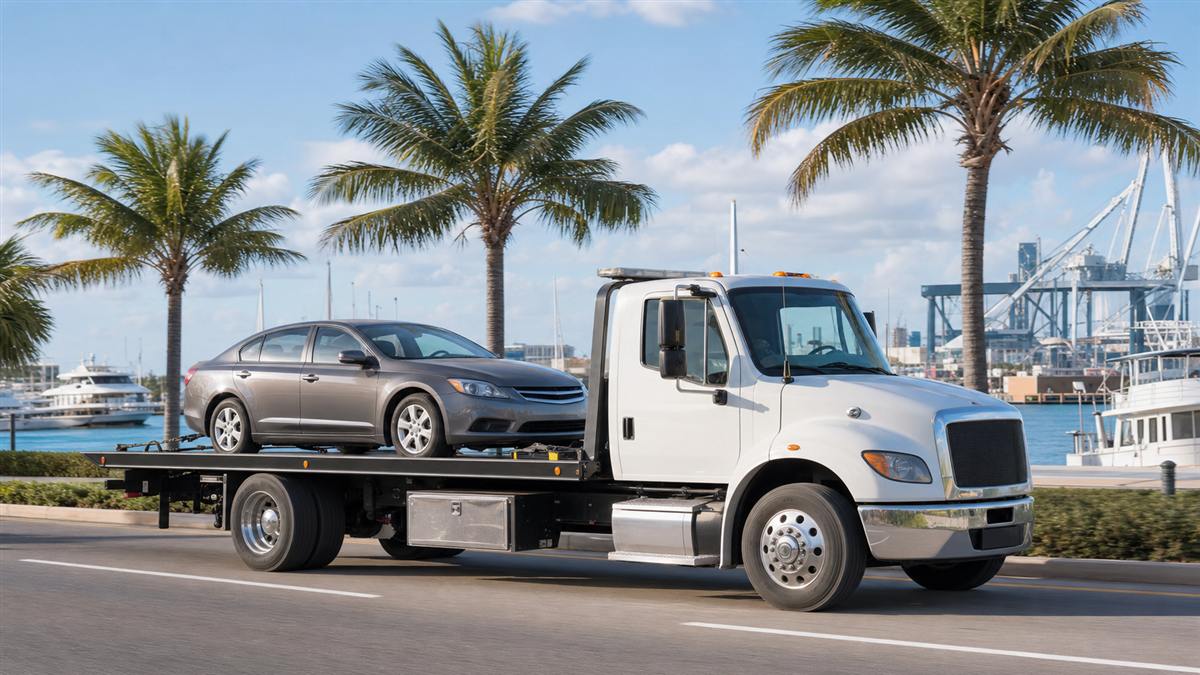 Flatbed tow truck transporting a car near the Riviera Beach waterfront in Florida