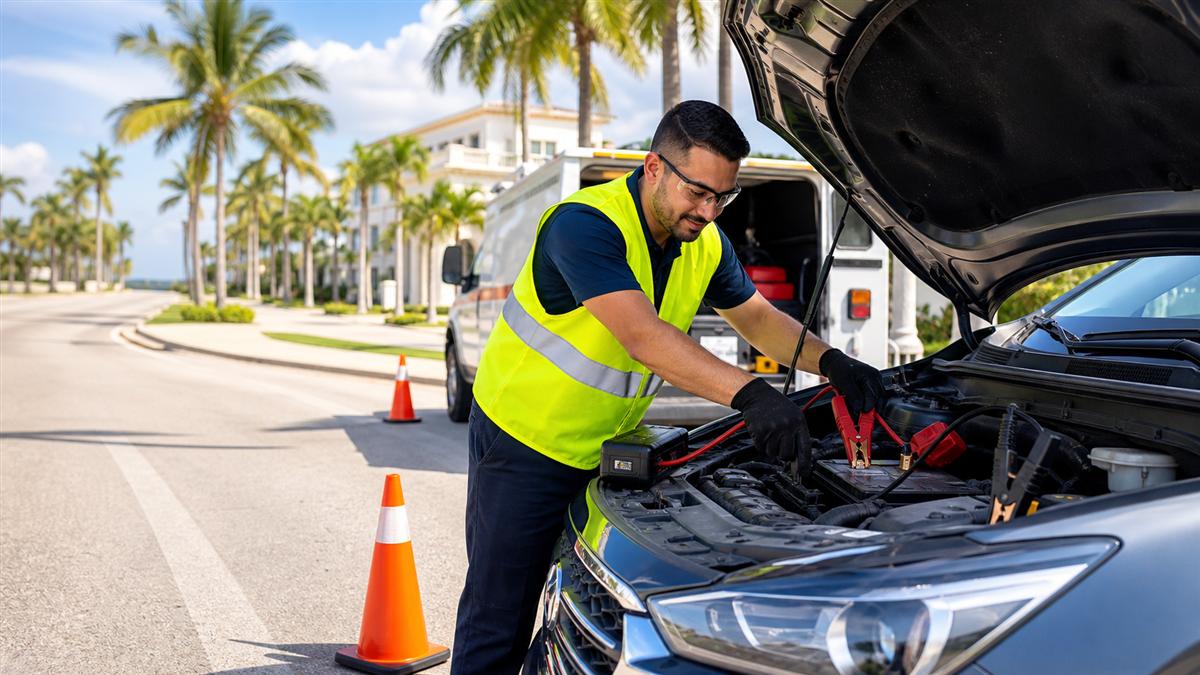 Roadside assistance technician jump-starting a car in West Palm Beach, Florida