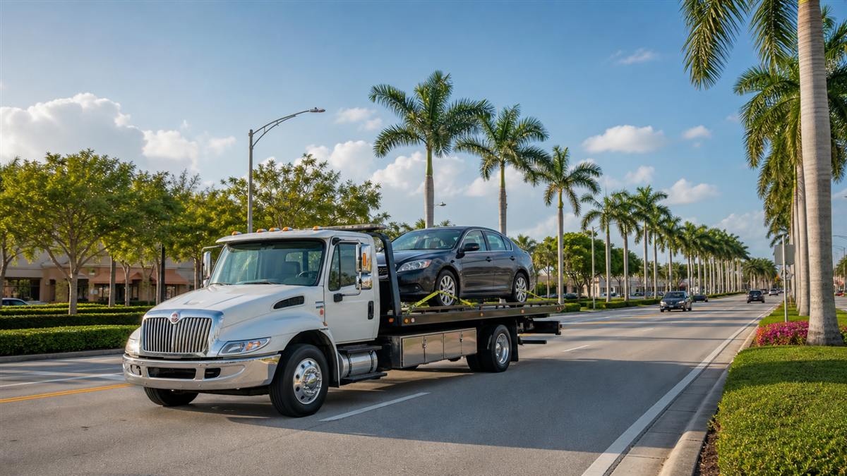 Flatbed tow truck transporting a car in Royal Palm Beach, Florida