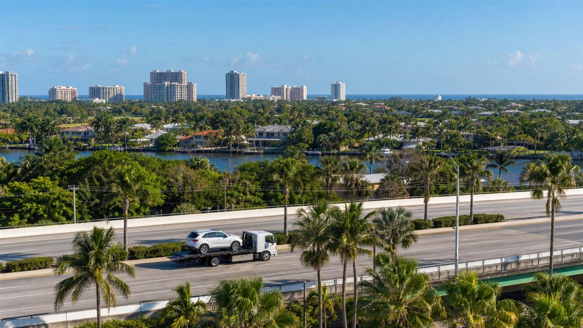 Flatbed tow truck transporting a vehicle through the Palm Beach County service area