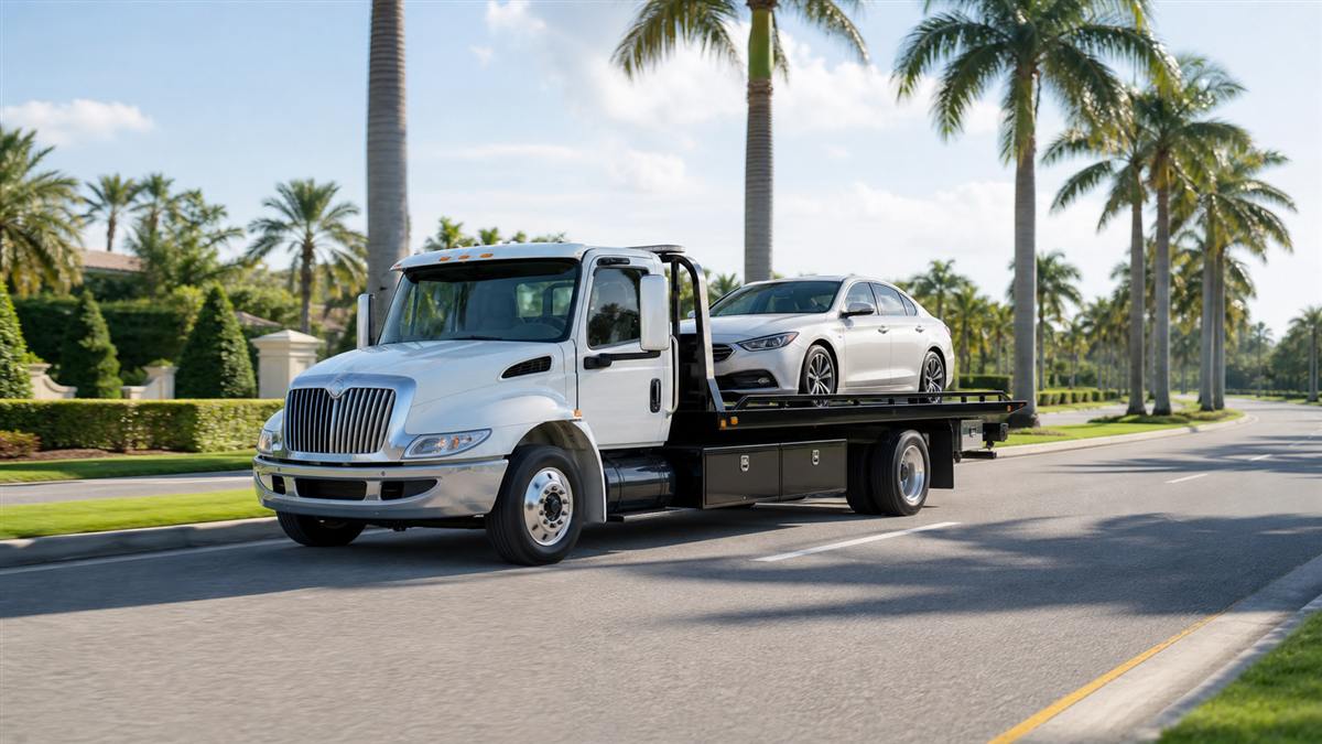 Flatbed tow truck transporting a car on a palm-lined road in Wellington, Florida